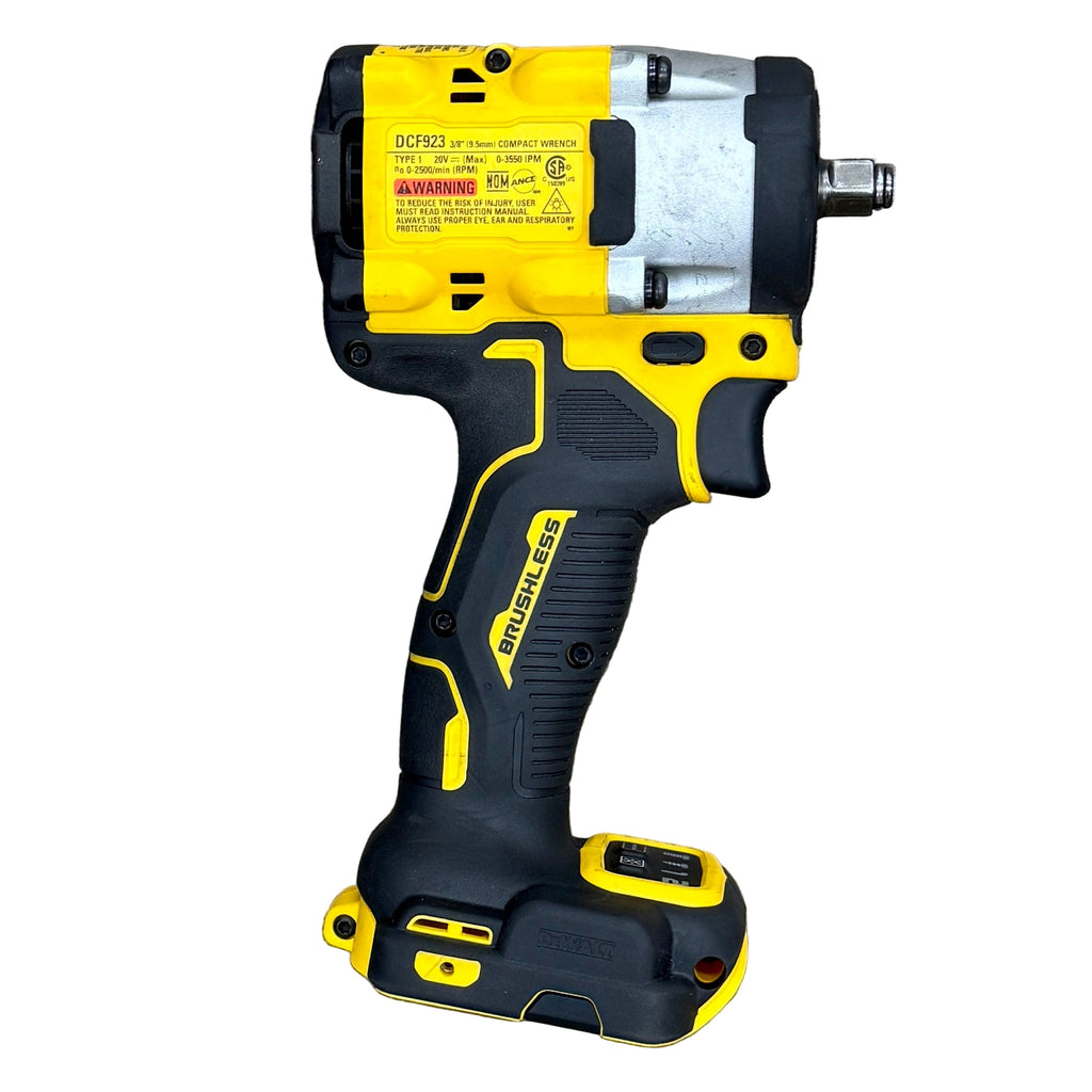 DeWalt ATOMIC 20V MAX 3/8" Brushless Cordless Impact Wrench (DCF923) Yellow and black cordless drill on a white background