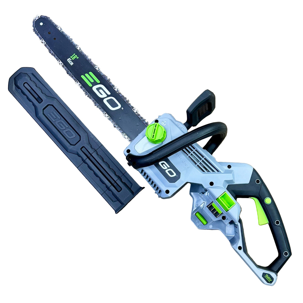 EGO POWER+ 56V 18" Guide Bar Brushless Cordless Electric Chain Saw w/ Battery & Charger (CS1804) Ego chainsaw with a separate chain on a wooden floor