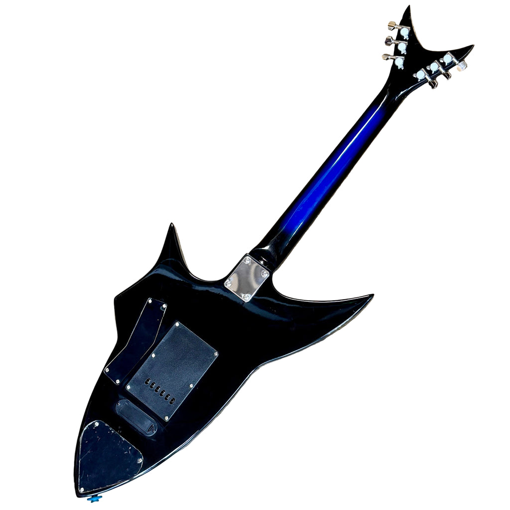 Glen Burton USA Shark Shape Electric Guitar Black and blue electric guitar on a wooden floor