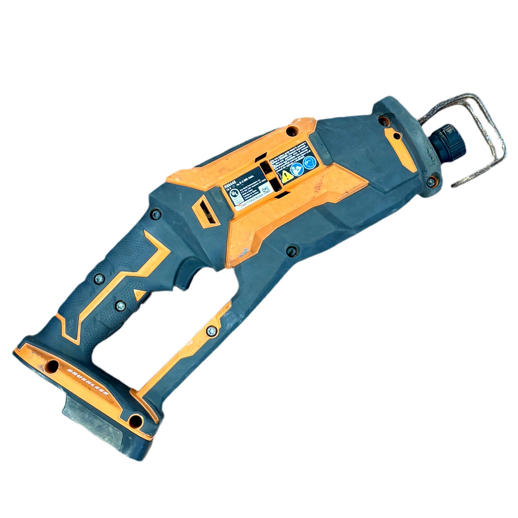 RIDGID OCTANE 18V Brushless Cordless One-Handed Reciprocating Saw (R86448) Gray and orange reciprocating saw on a white background