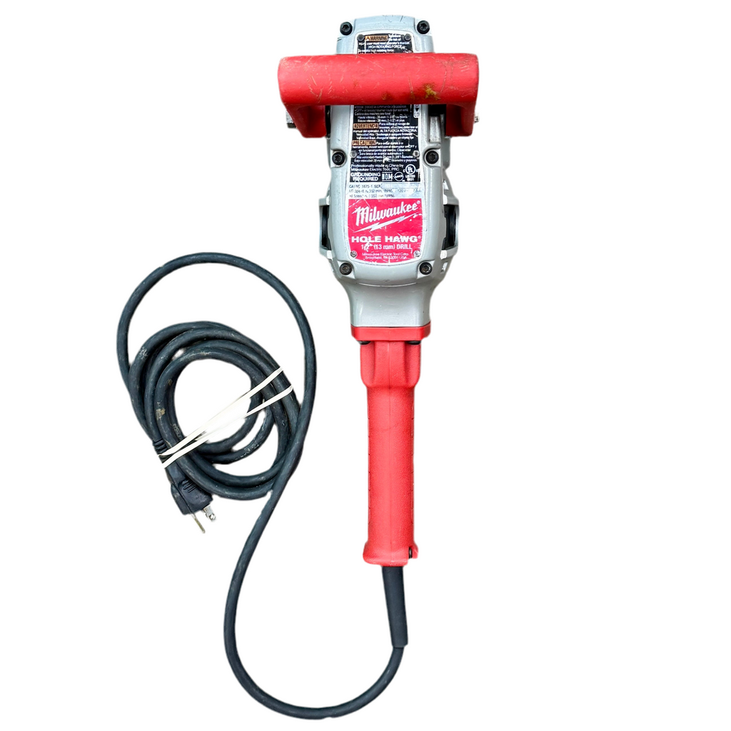 Milwaukee 7.5-Amp 1/2" HOLE HAWG Corded Heavy-Duty Drill (1675-1) Red and white Milwaukee tool with a black cord on a white background