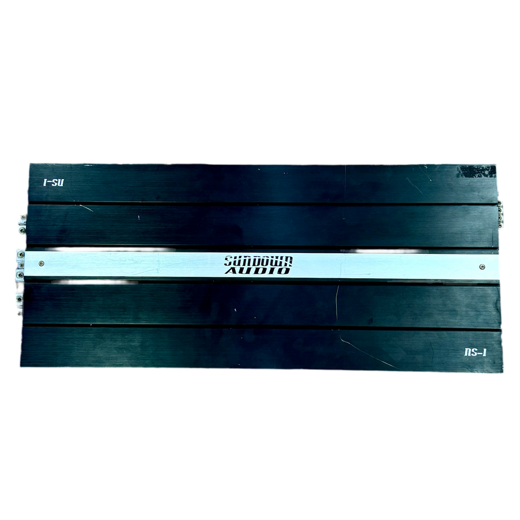 Sundown Audio NS-1 Monoblock 6500W RMS Mono Power Amplifier Black amplifier with 'Sundown Audio' branding on a white background