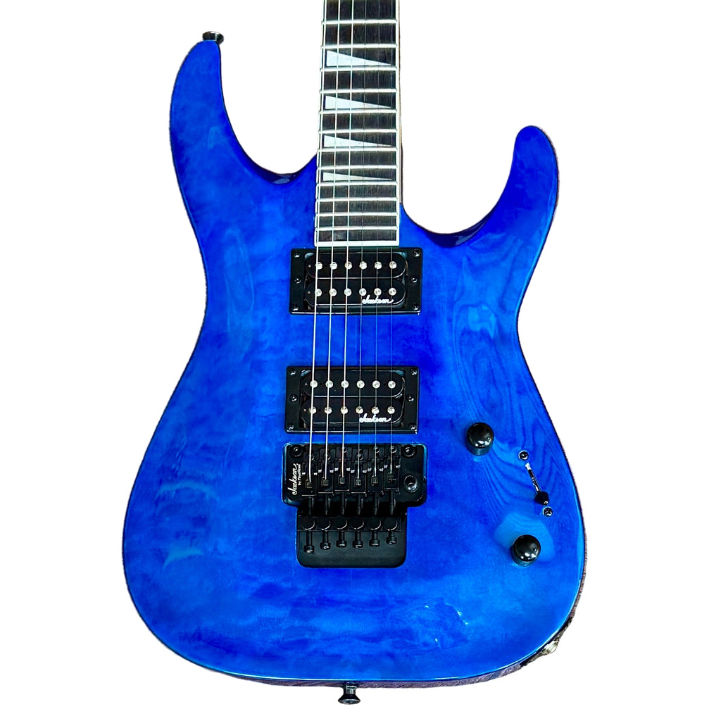 Jackson JS Series Dinky Arch Top JS32Q DKA Electric Guitar w/ Hard Case Blue electric guitar on a wooden floor