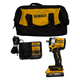 DeWalt cordless impact wrench with a yellow and black battery, shown alongside a black and yellow carrying bag and a black and yellow charger on a white background.