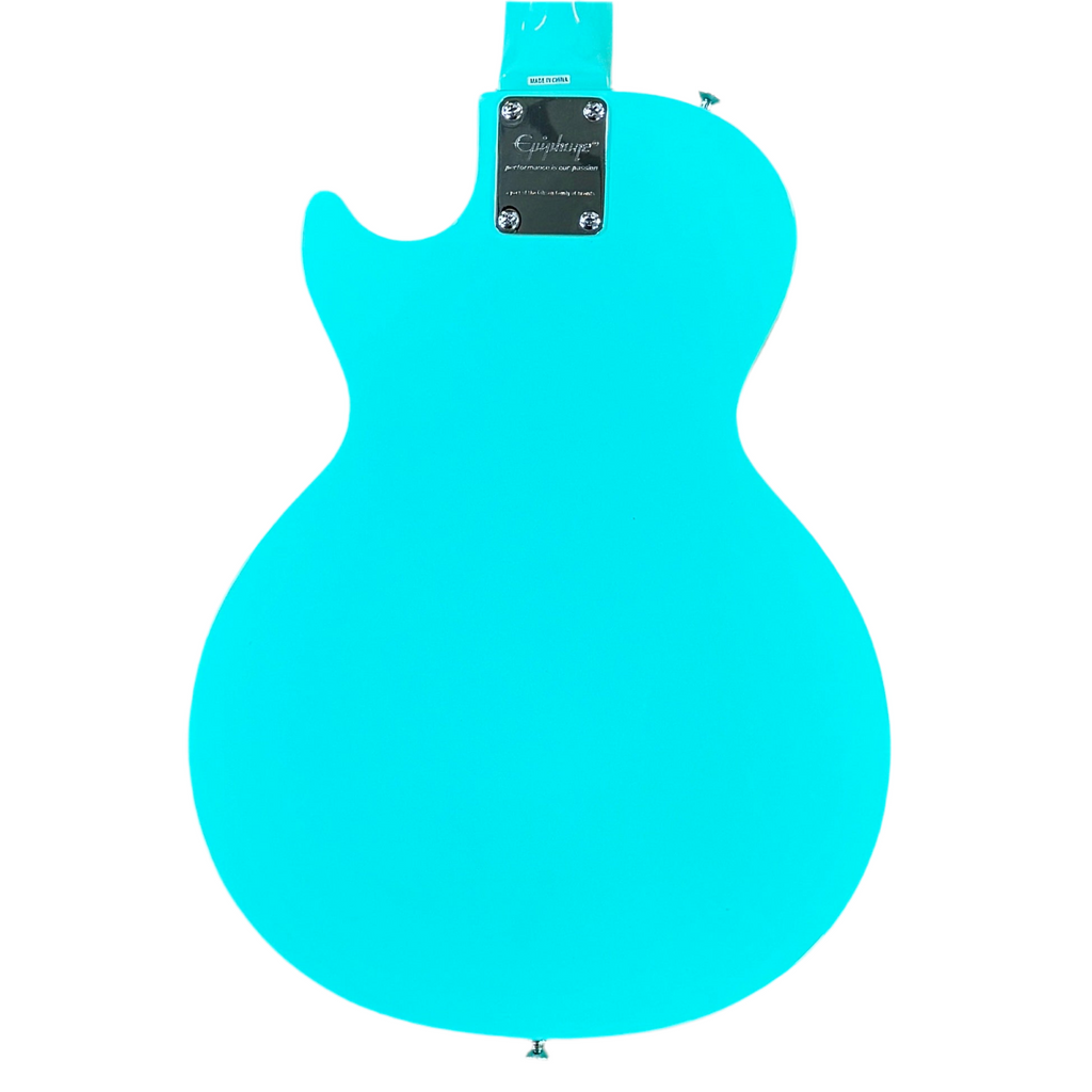 Epiphone Les Paul Model SL Melody Maker Electric Guitar Turquoise electric guitar body with brand label on a white background