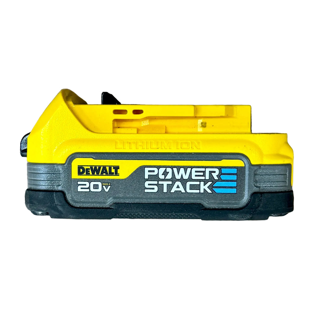 DeWalt 20V MAX POWERSTACK 1.7Ah Lithium Ion Compact Battery Pack (DCBP034) DeWalt Power Stack lithium-ion battery on a wooden surface