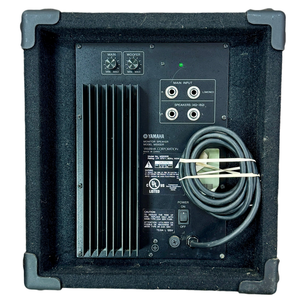 Yamaha MS50DR Electronic Drum Monitor Bass Reflex Subwoofer Back view of a Yamaha speaker with wiring and labels on a white background