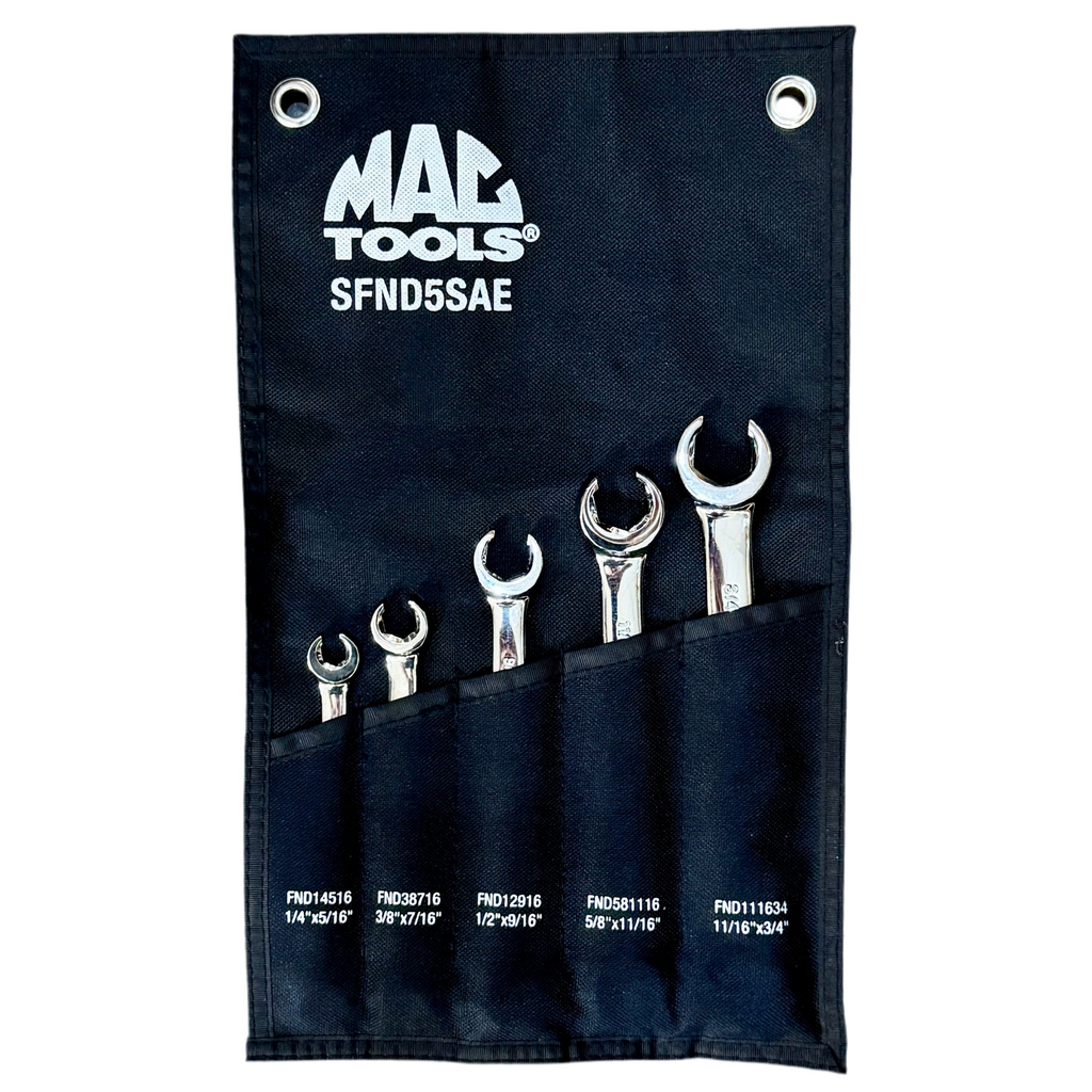 MAC TOOLS 5-Piece SAE Flare Nut Wrench Set (SFND5SAE) Set of wrenches in a Mac Tools tool roll on a white background