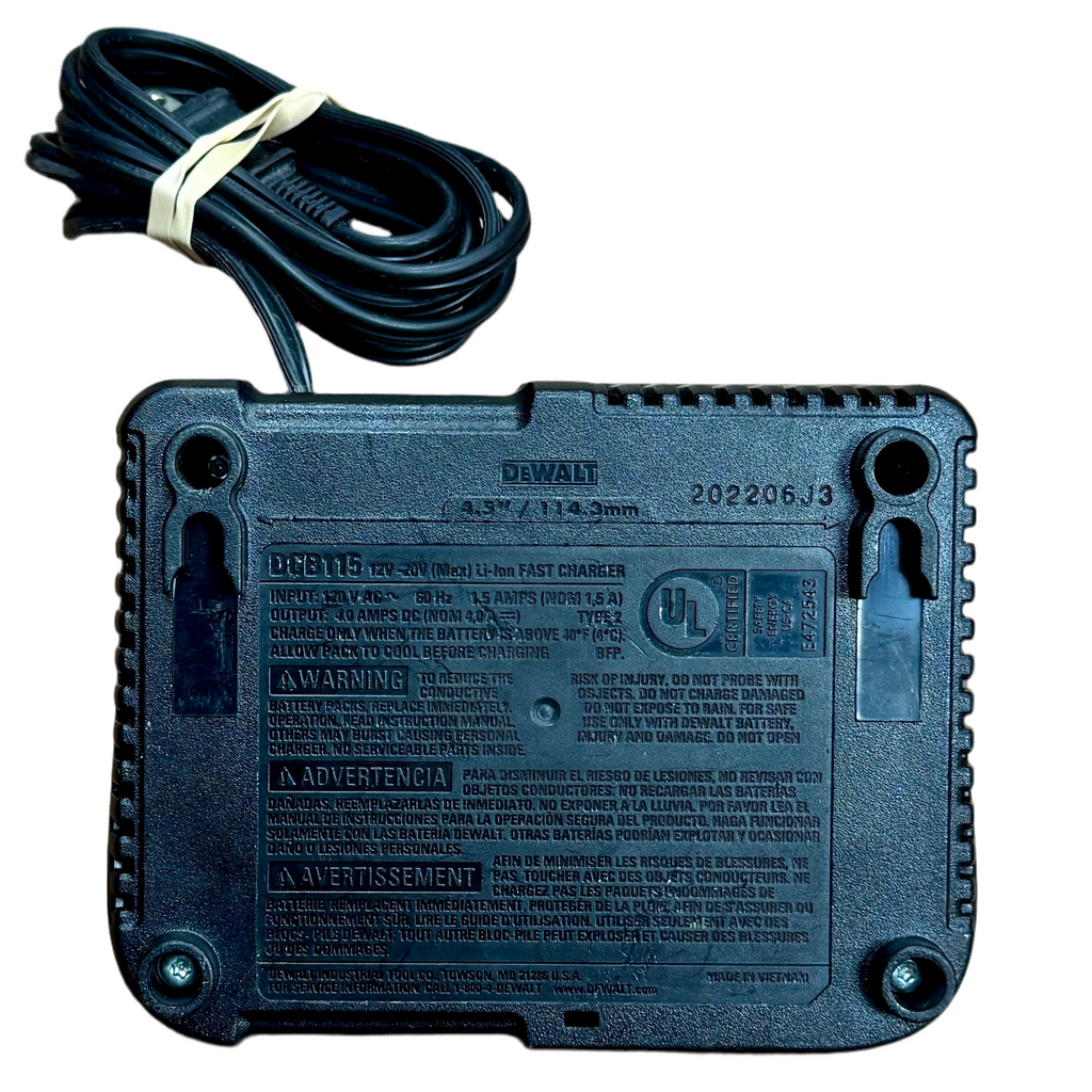 DeWalt 12V MAX / 20V MAX Lithium-Ion Battery Pack Charger (DCB115) Black DEWALT battery charger with a coiled cable on a white background