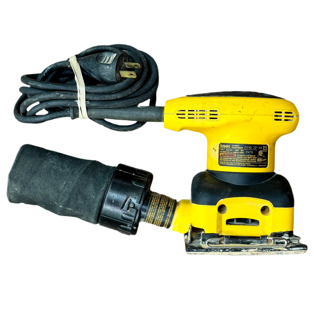 DeWalt 2.4-Amp 1/4" Corded Sheet Palm Grip Sander w/ Hard Case (D26441) Yellow and black power sander with a long cord on a white background
