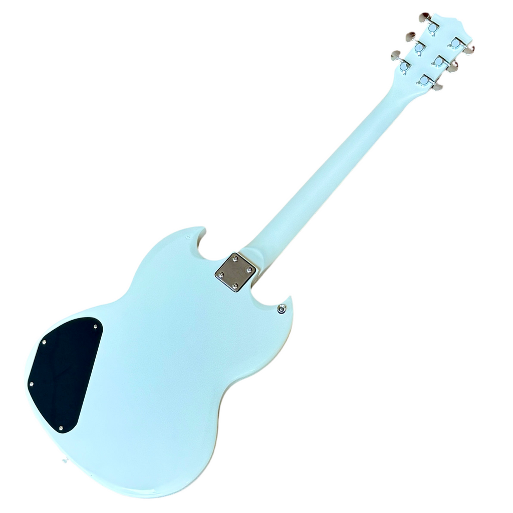 Leo Jaymz Double Cut Standard Electric Guitar Light blue electric guitar on a white background