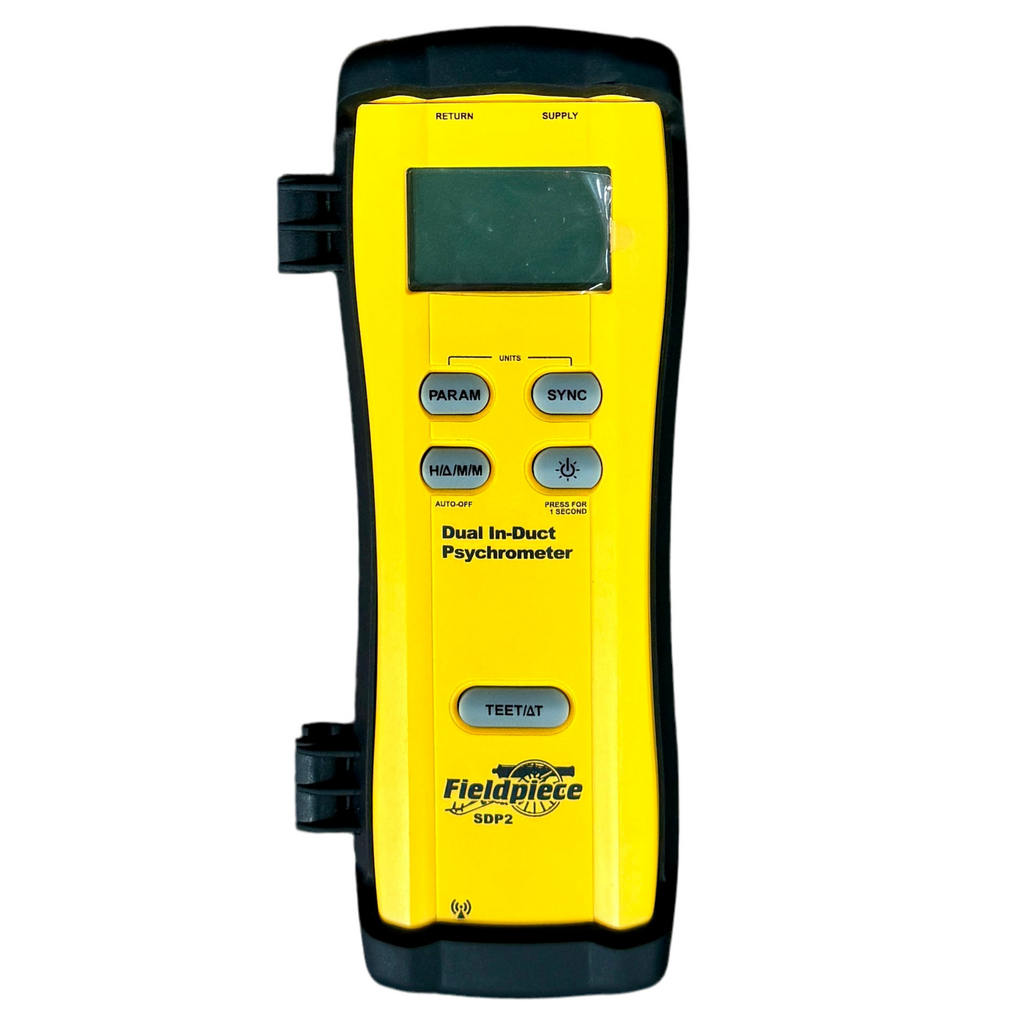 Fieldpiece SDP2 Dual In-Duct Psychrometer w/ Hard Case & Accessories Yellow psychrometer with digital display on a white background