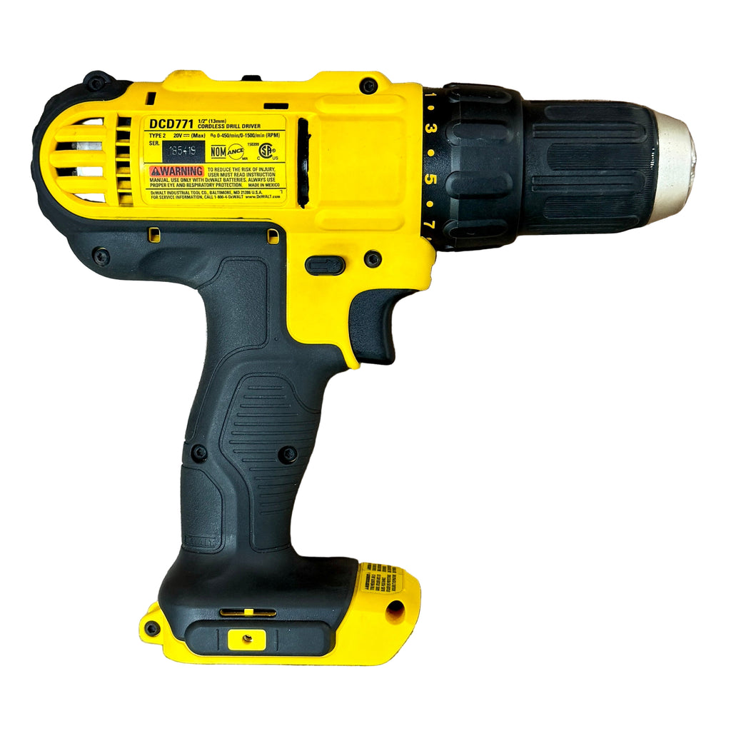 DeWalt 20V MAX 1/2" Cordless Compact Drill/Driver w/ Battery & Charger (DCD771) Yellow and black cordless drill on a wooden surface