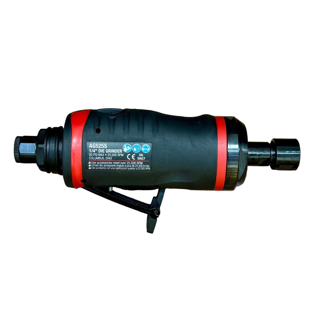MAC TOOLS 1/4” Collet Premium 0.5 HP Pneumatic Straight Air Medium Die Grinder (AG525S) Black and red die grinder on a white background