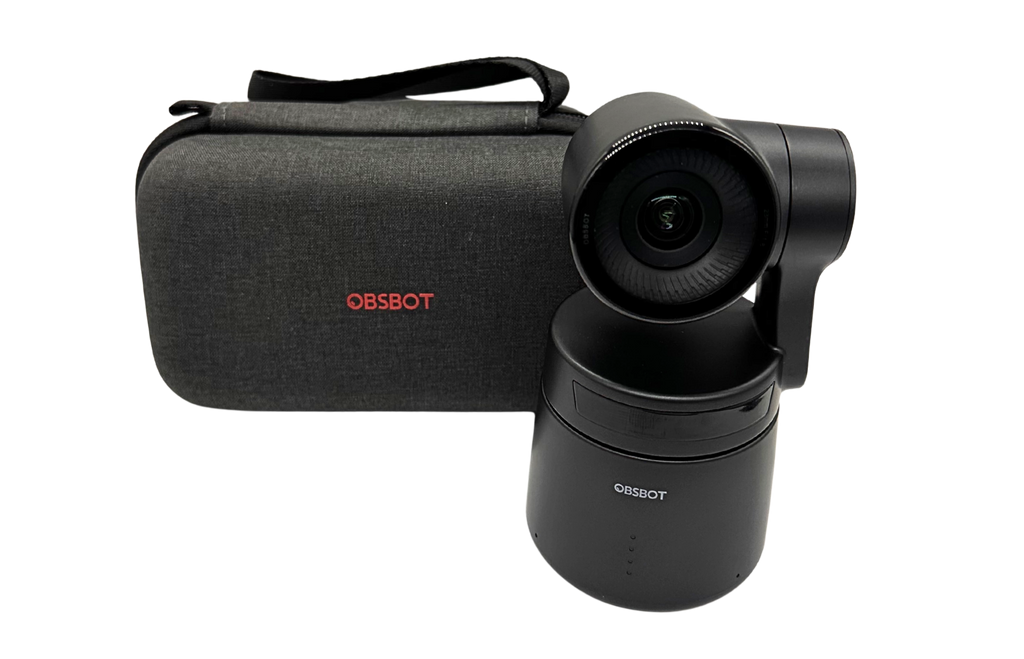 Black OBSBOT camera and carrying case on a white background