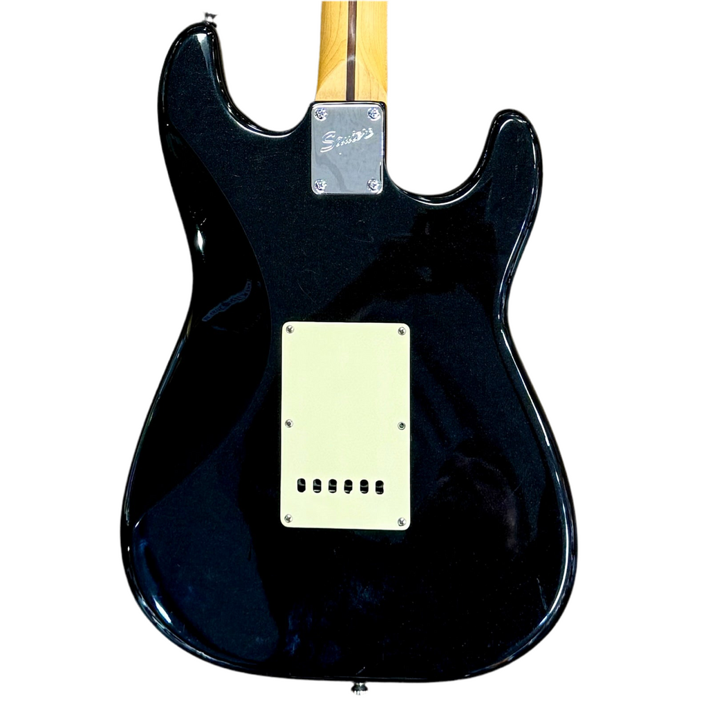 Fender Squier Standard Series Stratocaster Left-Handed Electric Guitar w/ Soft Case Black electric guitar with a white pickguard on a white background