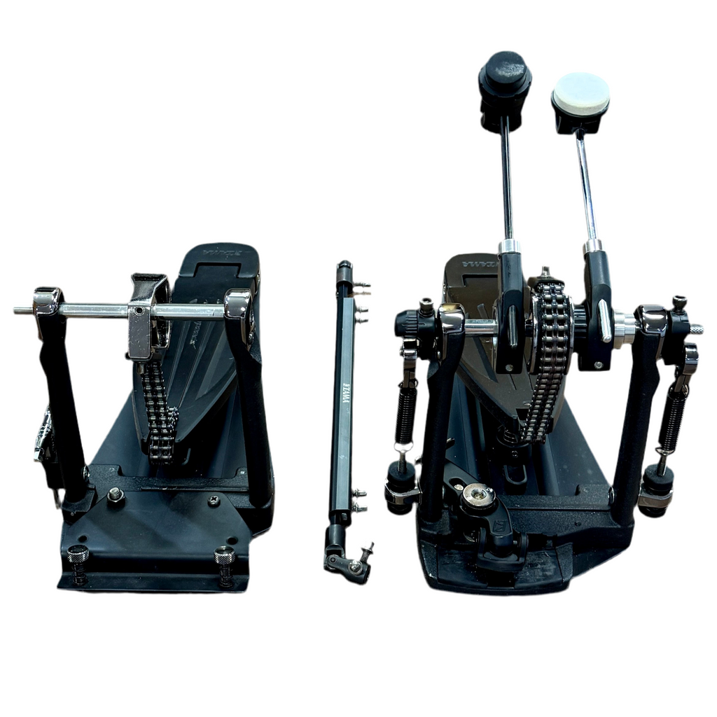 TAMA Speed Cobra 910 Double Bass Drum Pedal w/ Hard Case (HP910LWN) Black metal tool with various components on a white background