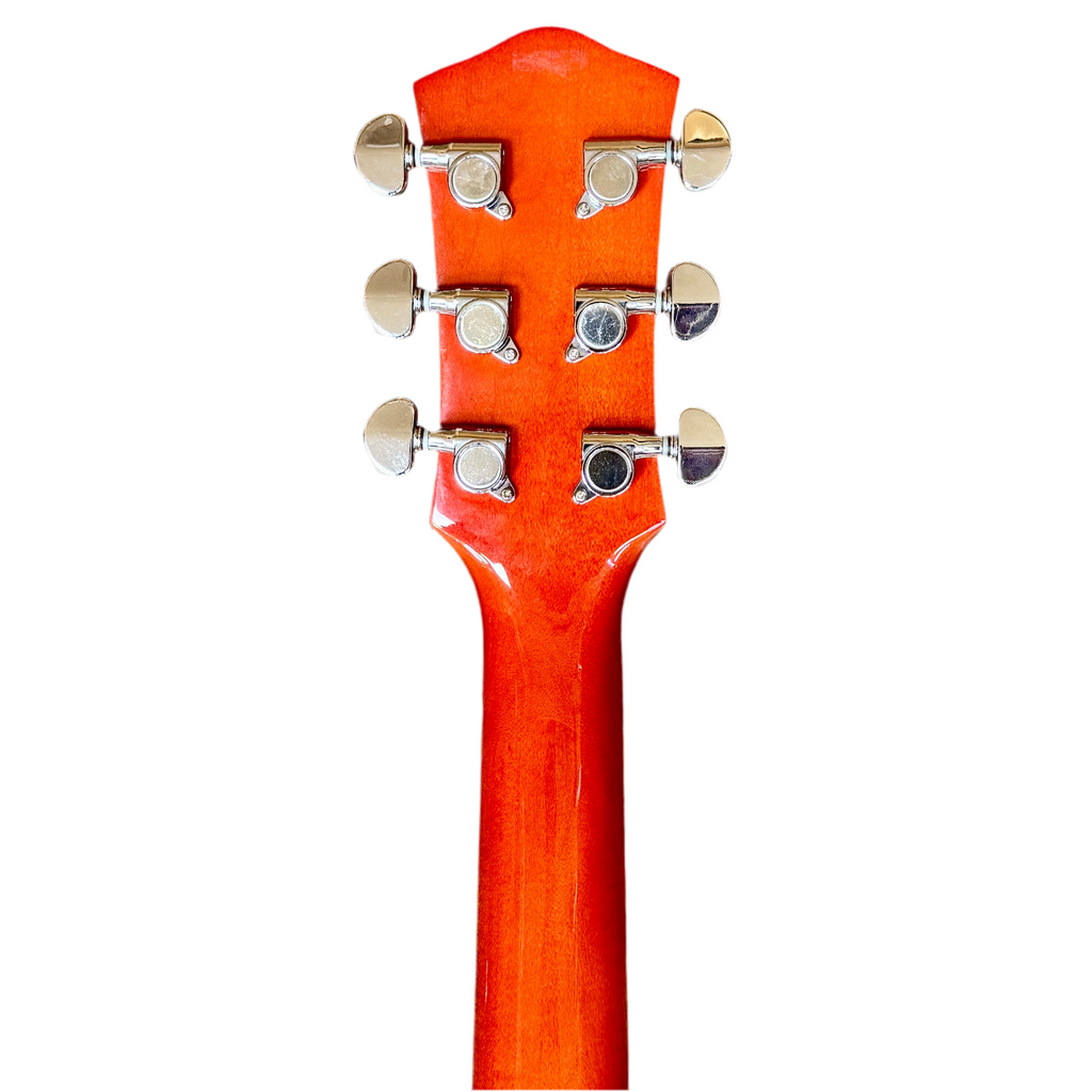 Carlo Robelli CRB1955 OR Hollow Body Electric Guitar Close-up of a guitar headstock with tuning pegs on a white background