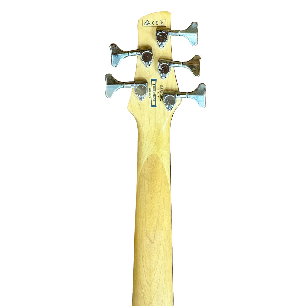 Ibanez GiO SOUNDGEAR GSR105EX 5-String Electric Bass Guitar headstock with tuning pegs on a white background