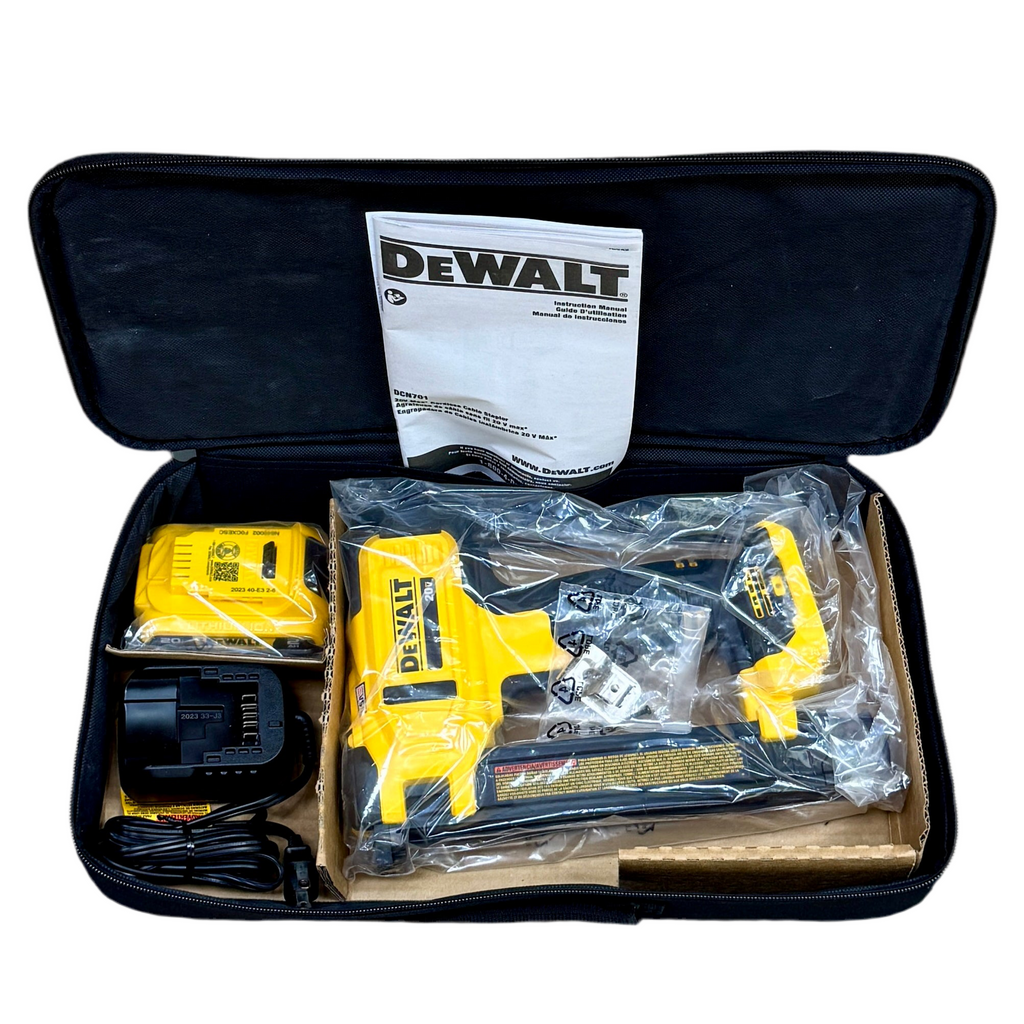 DeWalt 20V MAX Cordless Cable Stapler w/ Battery, Charger, & Soft Case (DCN701) DeWalt nail gun set with battery and charger in a carrying case on a white background
