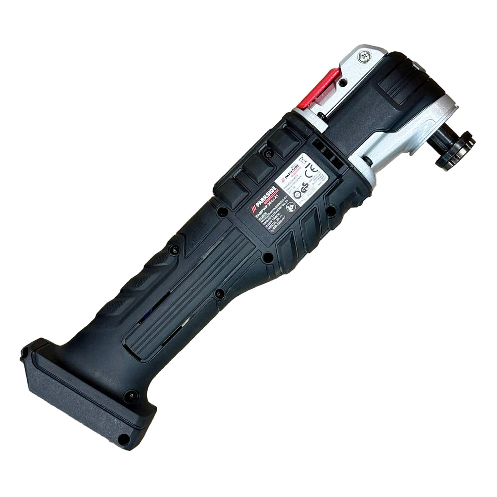 PARKSIDE PERFORMANCE 20V Brushless Cordless Multi-Tool w/ Battery, Charger, & Hard Case (PAMFWP 20-Li A1) Black power tool on a wooden surface