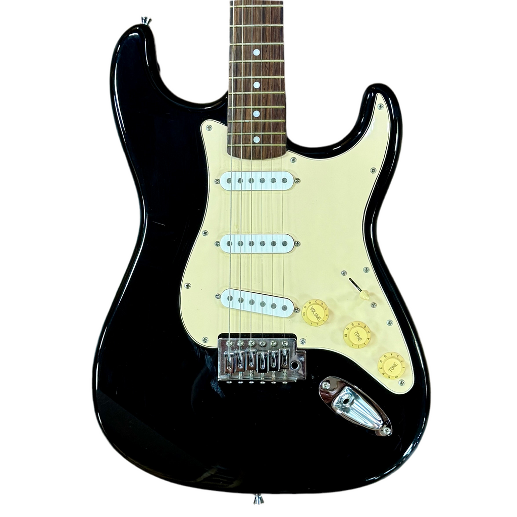 Fender Squier Stratocaster Electric Guitar w/ Hard Case Black electric guitar with a white pickguard on a white background