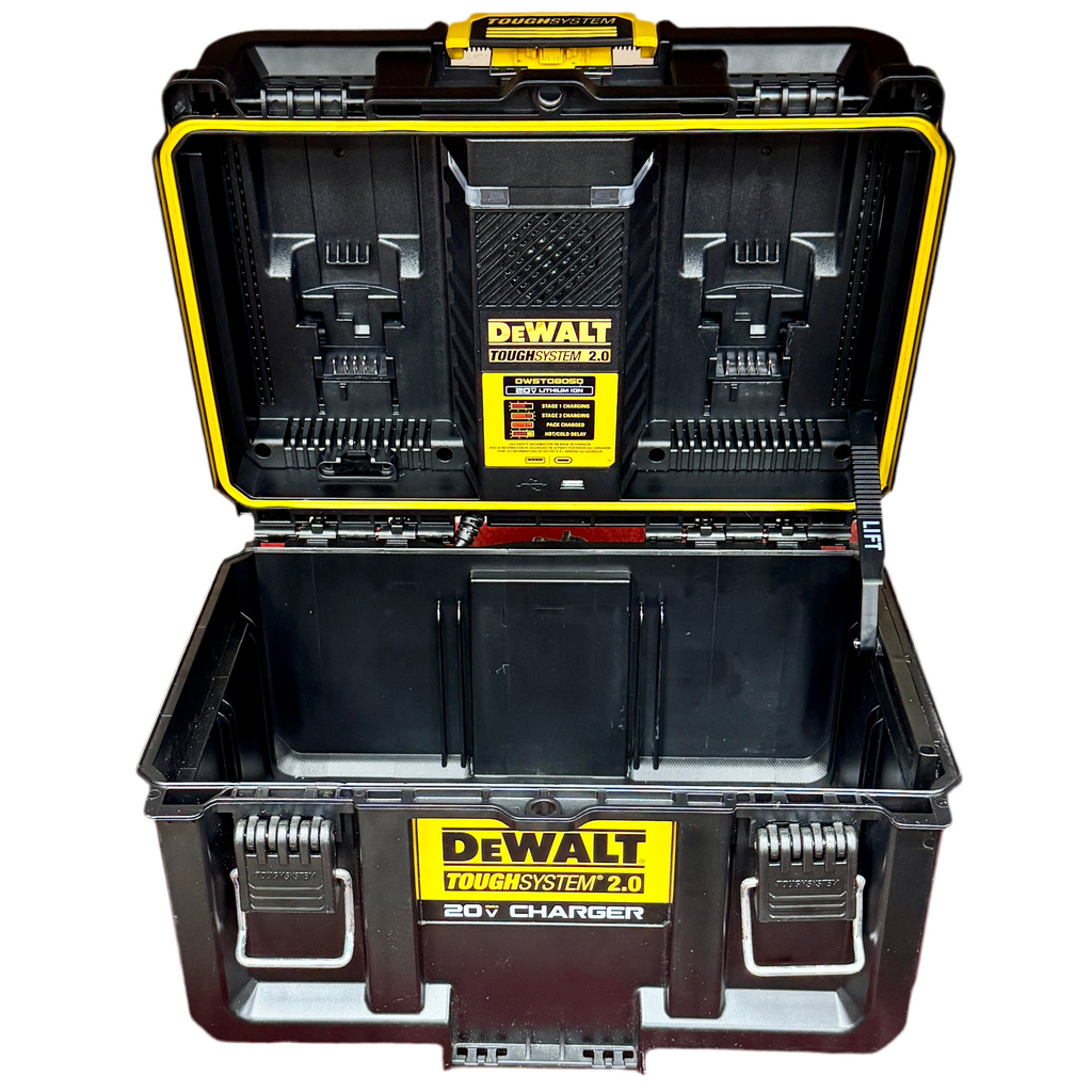 DeWalt TOUGHSYSTEM 2.0 20V MAX Dual Port Charger Box (DWST08050) Open Dewalt toolbox with battery and charger inside on a white background