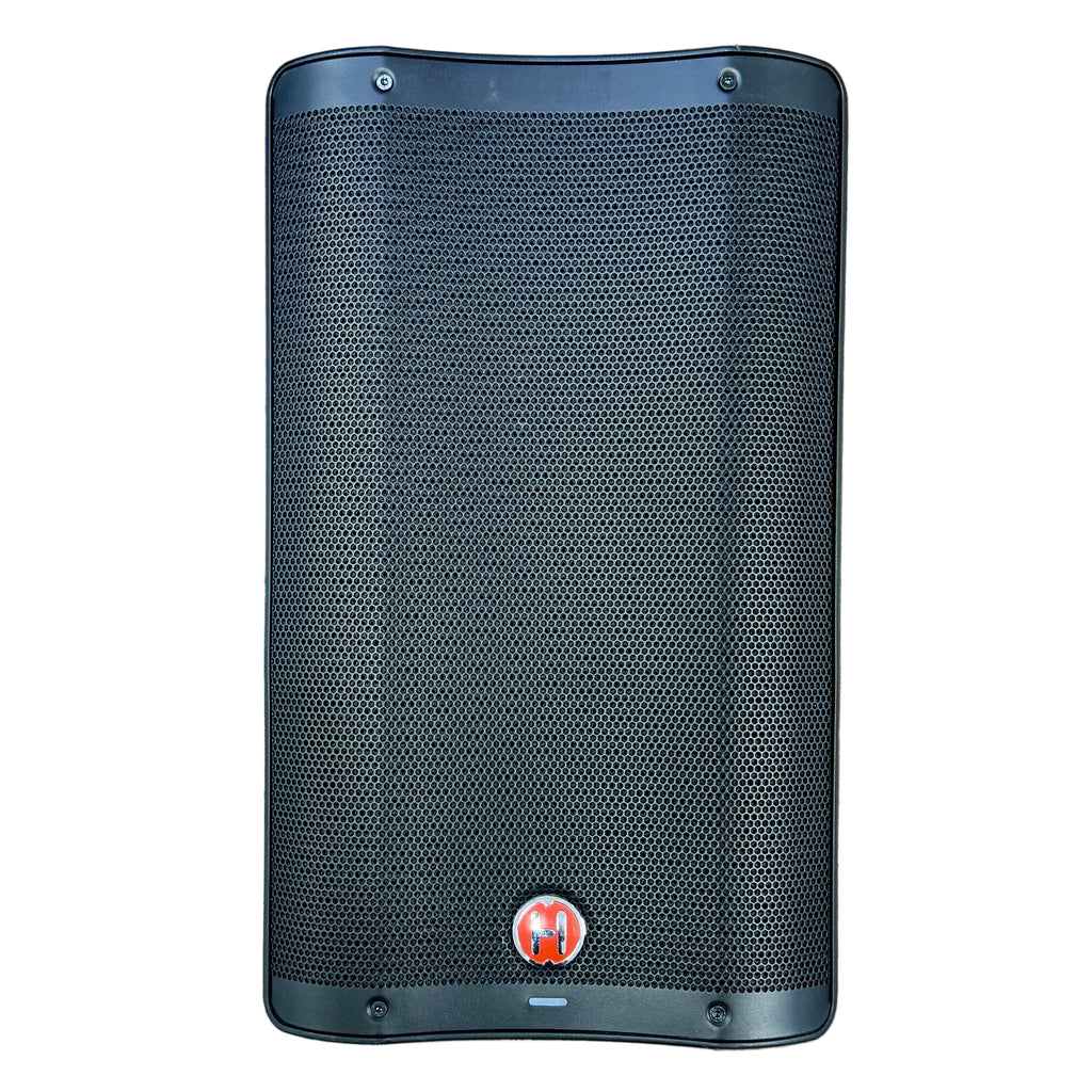 Harbinger VARI Series V2310 10" 2-Way Powered Speaker w/ Bluetooth Audio Input Black speaker with a brand logo on a wooden floor