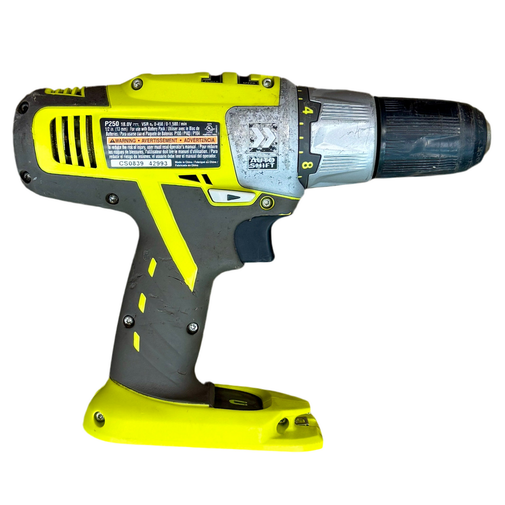 RYOBI ONE+ AUTOSHIFT 18V 1/2" Cordless Drill/Driver (P250) Yellow and gray cordless drill on a white background
