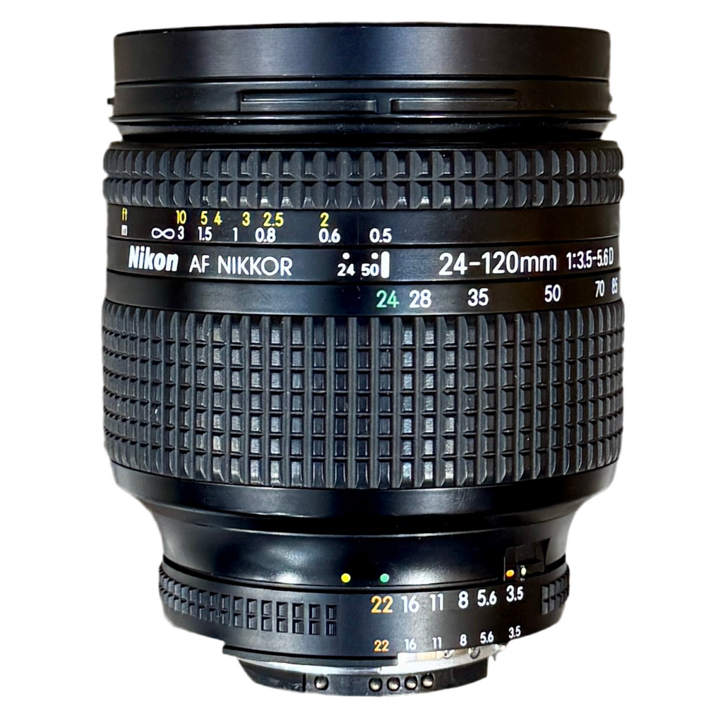Nikon AF NIKKOR 24-120mm f/3.5-5.6D Camera Lens w/ Front & Rear Caps (F-Mount) Nikon AF Nikkor 24-120mm lens on a white background
