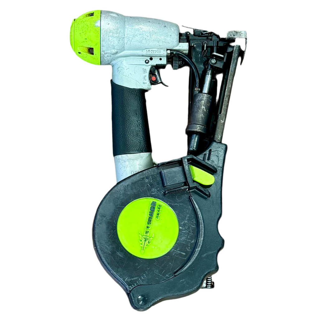Nail gun with green accents on a white background