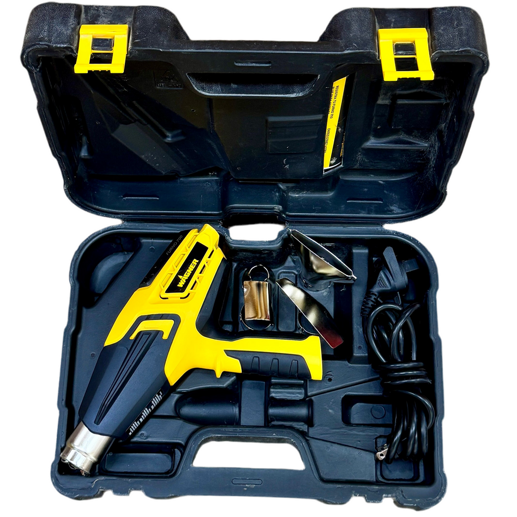Wagner FURNO 700 Heat Gun w/ Hard Case Yellow and black hot air gun in an open tool case on a white background