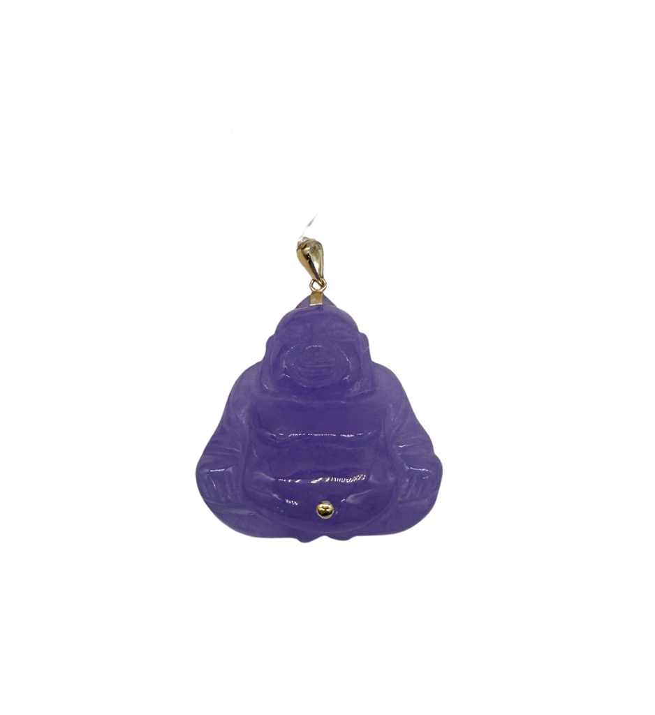 Purple Buddha pendant with gold accents on a white background