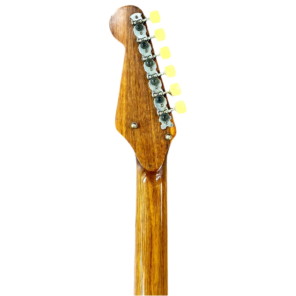 Vintage Global 429 Electric Guitar Close-up of a guitar neck with tuning pegs on a white background