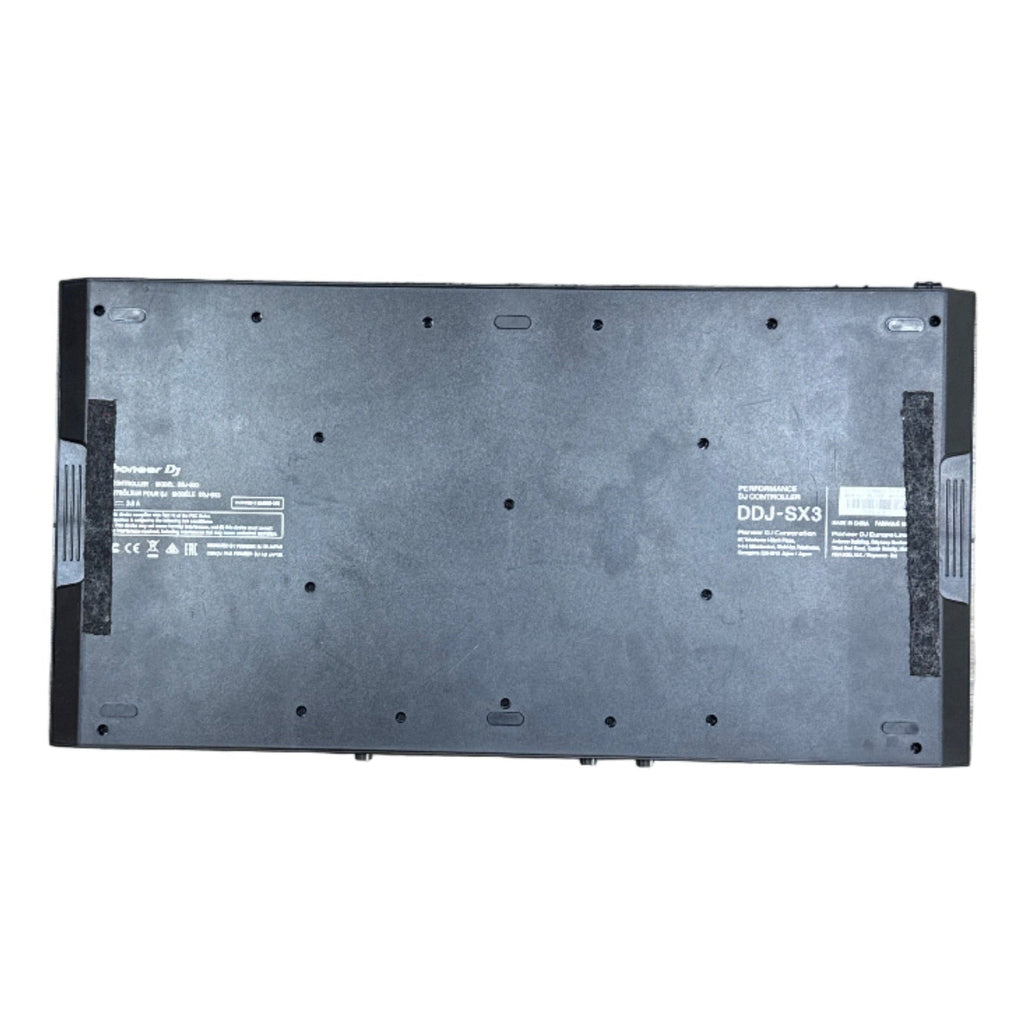 Pioneer DJ DDJ-SX3 4-Channel Performance DJ Controller for Serato DJ Pro Back view of a DJ mixer with brand and model information on a white background