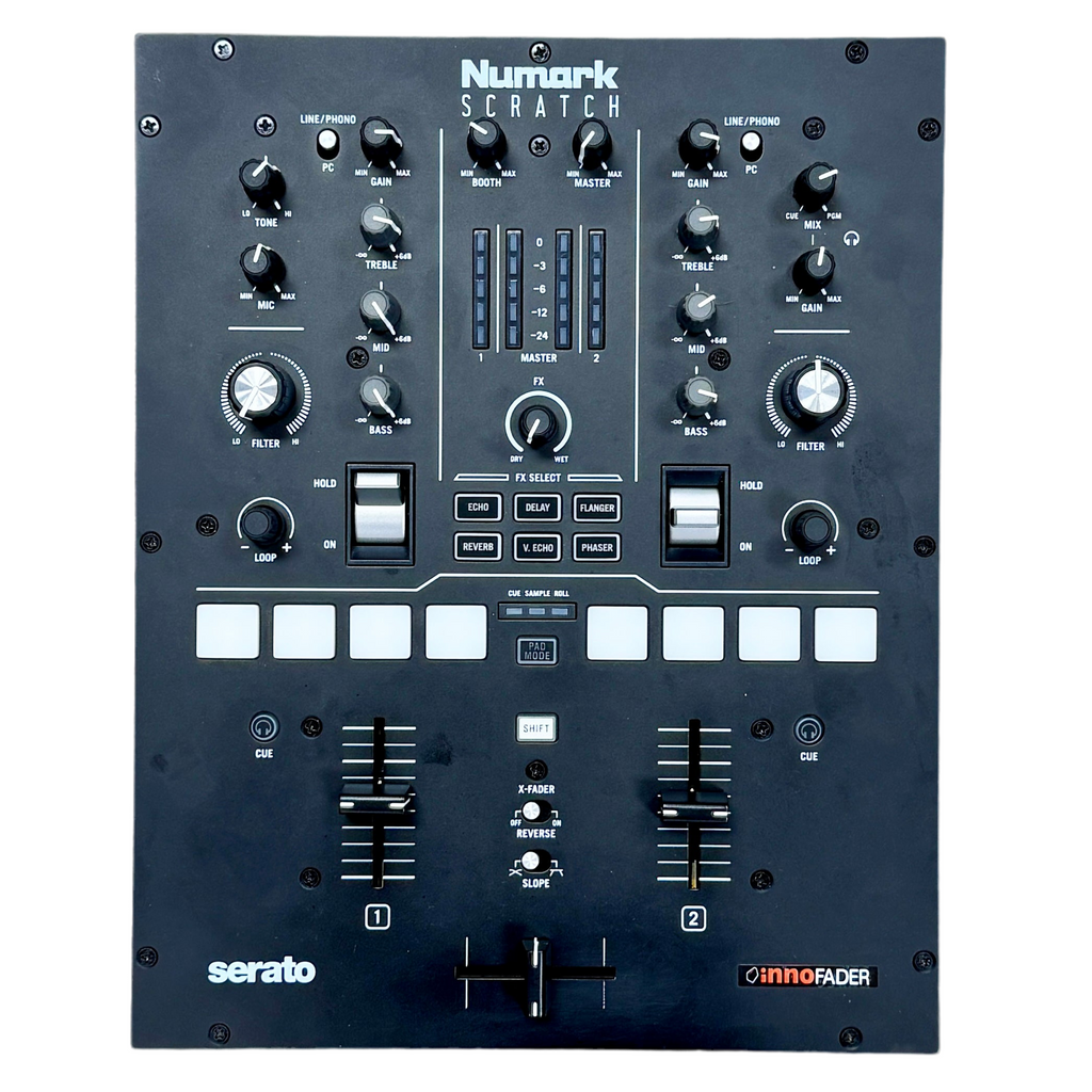 DJ mixer with Numark and Serato branding on a white background