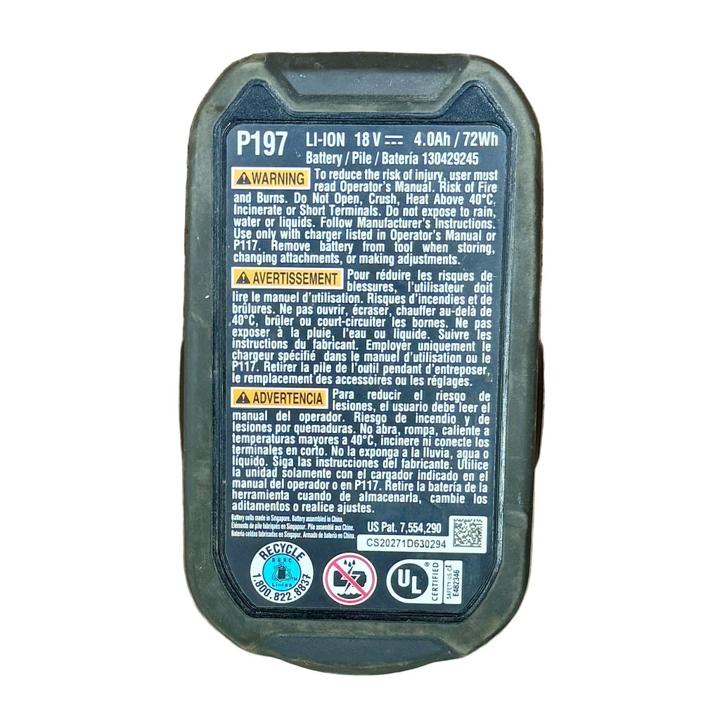 RYOBI ONE+ 18V 4 AH Lithium-Ion Battery Pack (P197) Battery pack with warning labels on a wooden surface