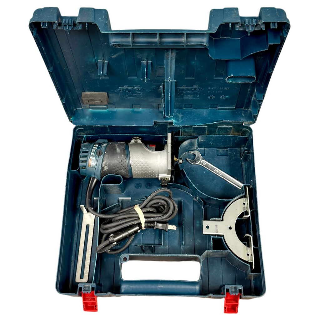 BOSCH 5.6-Amp Colt 1.0 HP Corded Variable-Speed Fixed Base Palm Router w/ Hard Case (PR20EVS) Open blue toolbox with a power tool and accessories on a white background