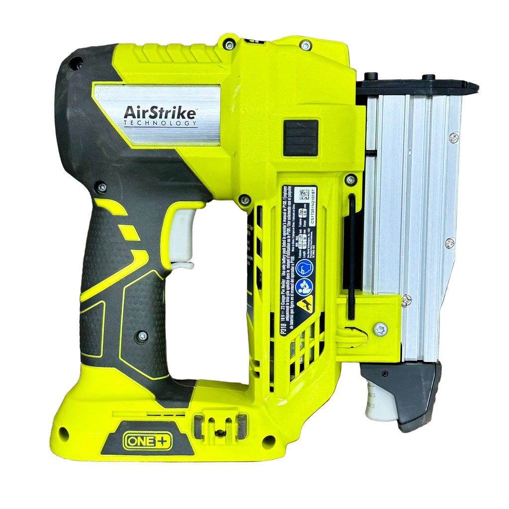 RYOBI ONE+ 18V 23-Gauge 1-3/8" Cordless AirStrike Pin Nailer (P318) Yellow and black nail gun with 'AirStrike' technology on a wooden surface