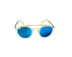 Gold-framed sunglasses with blue lenses on a white background