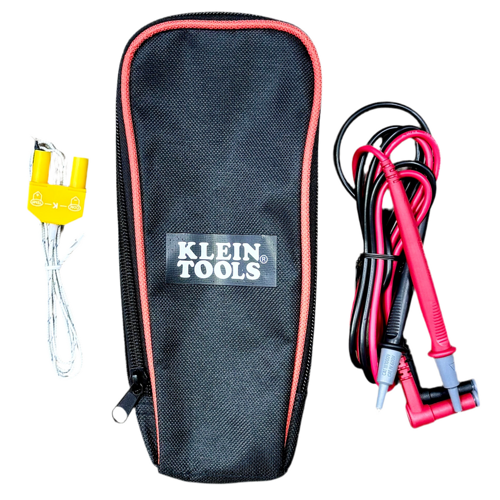 Klein Tools CL390 400A AC/DC Digital Clamp Meter w/ Case Klein Tools electrical testing set with a carrying case on a white background