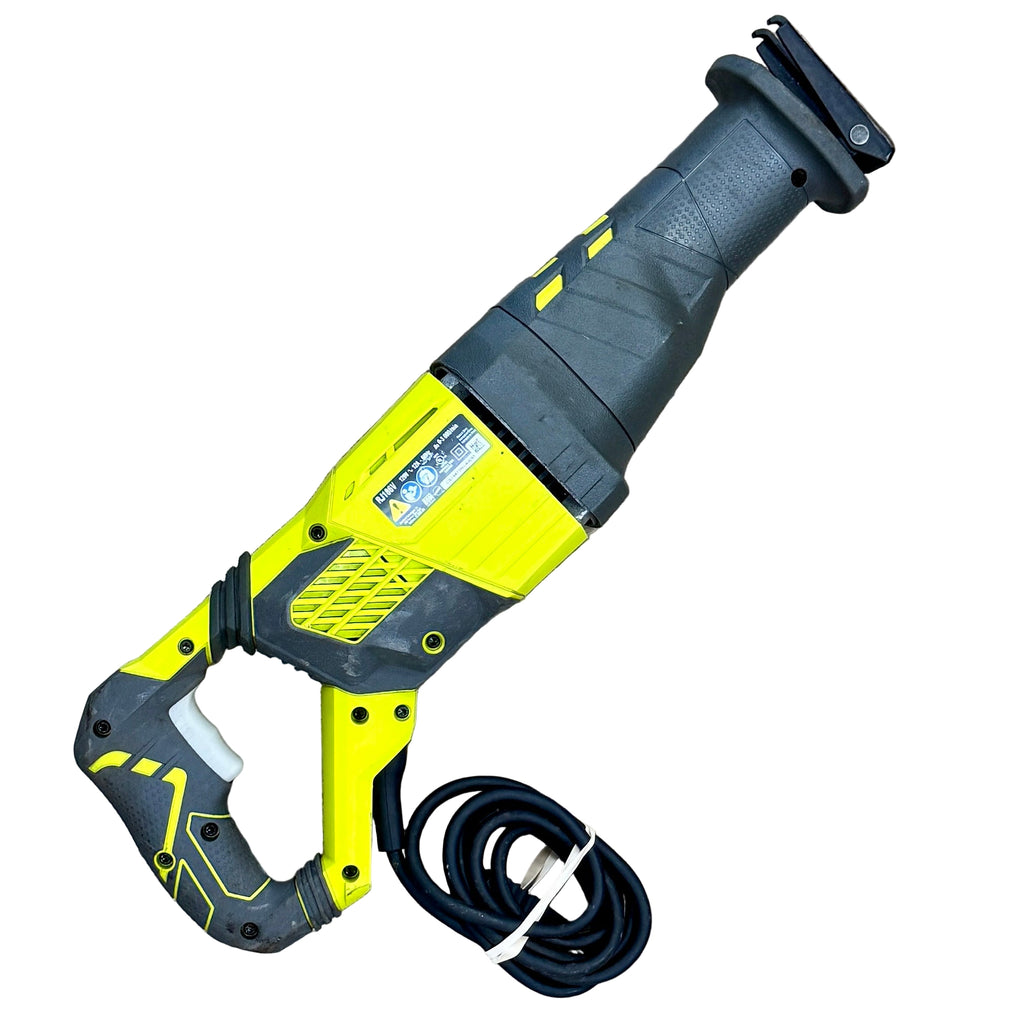RYOBI 12-Amp 1-1/8" Stroke Corded Reciprocating Saw (RJ186V) Yellow and black reciprocating saw on a wooden floor