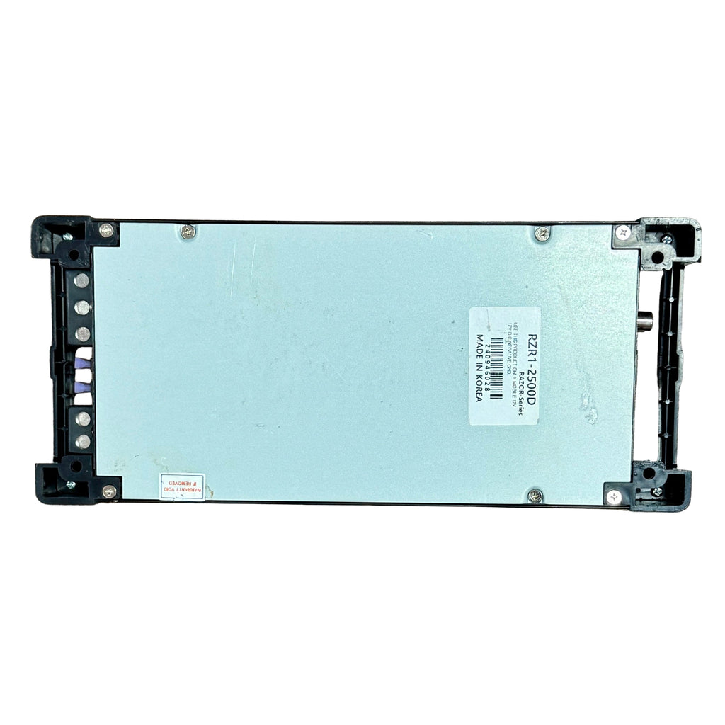 POWER ACOUSTIK RAZOR RZR1-2500D 2500W Monoblock Class D Car Amplifier Rectangular electronic component with labels on a wooden surface