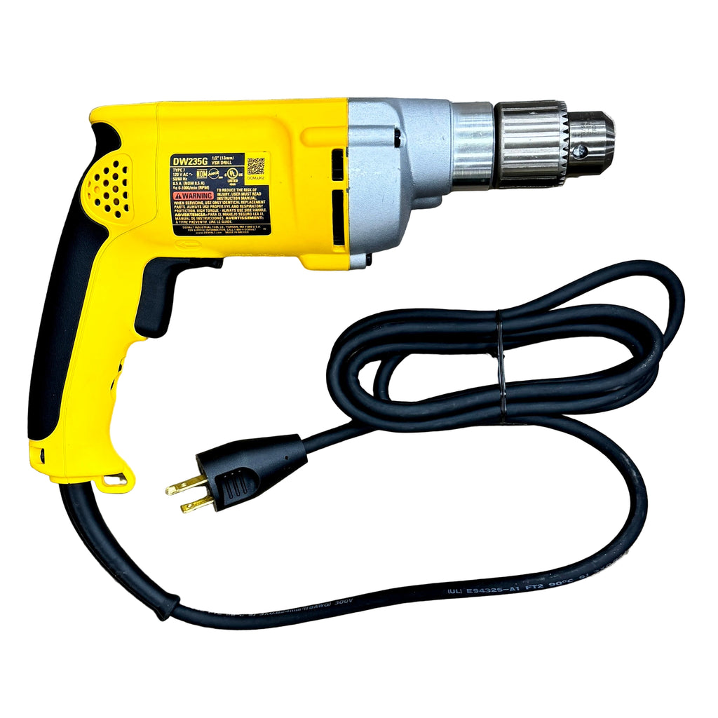 DeWalt 8.5-Amp 1/2" Corded VSR Drill (DW235G) Yellow and black electric drill with a coiled power cord on a white background