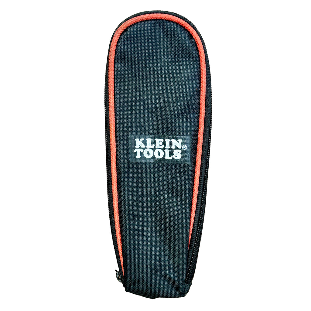 Klein Tools ET110 Carbon Monoxide Detector Meter w/ Case Black tool pouch with orange trim and 'Klein Tools' logo on a wooden surface