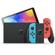 Nintendo Switch OLED Console w/ Dock & Joy-Con Controllers Nintendo Switch console with a black cover, blue Joy-Con, and red Joy-Con on a white background.