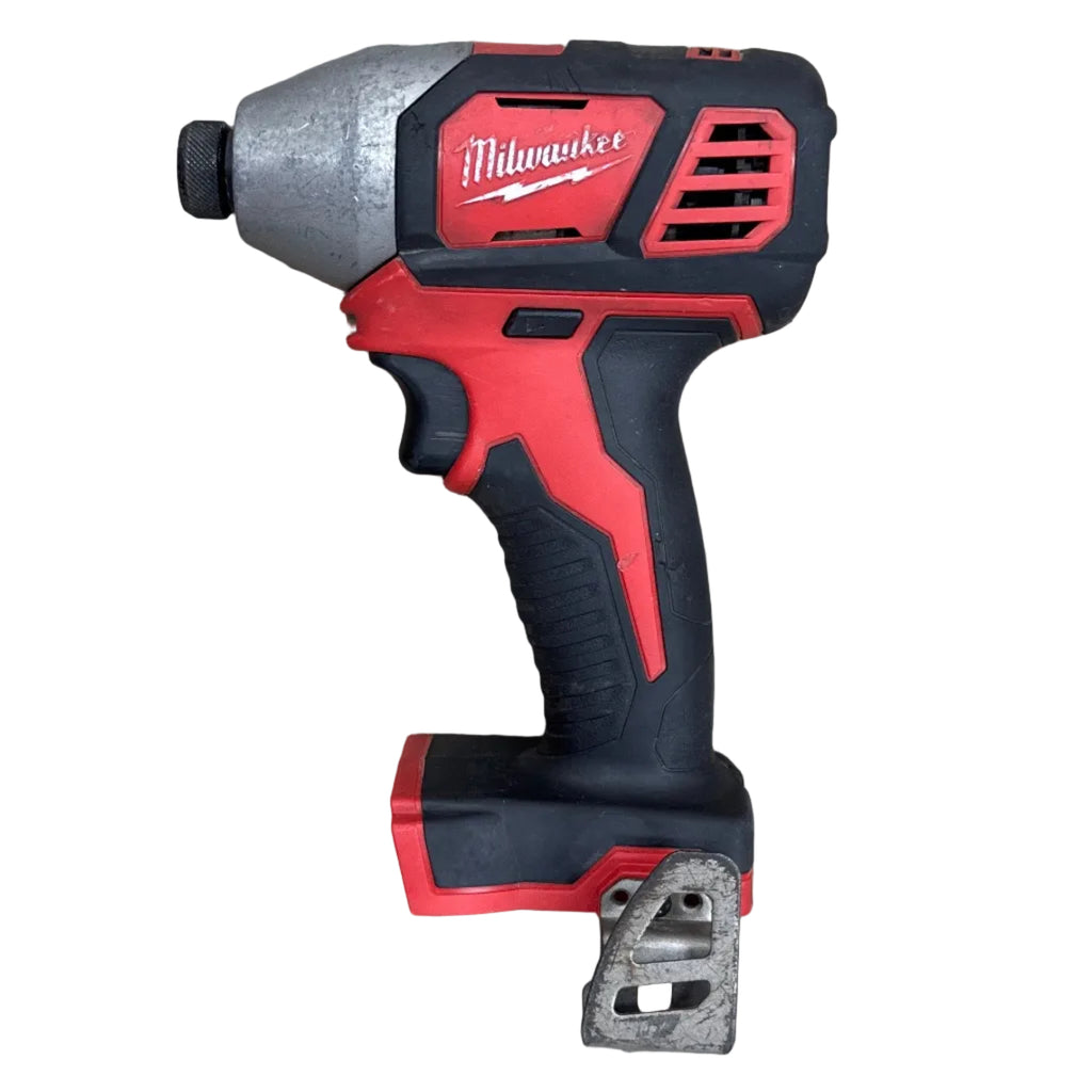 Milwaukee M18 18V 1/4" Cordless Hex Impact Driver w/ Battery & Charger (2656-20) Red and black Milwaukee power tool on a white background