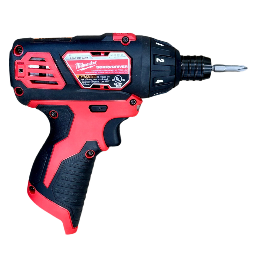 Milwaukee M12 12V 1/4" Cordless Hex Screwdriver w/ 2 Batteries, Charger, & Contractor Bag (2401-20) Red and black Milwaukee screwdriver on a white background