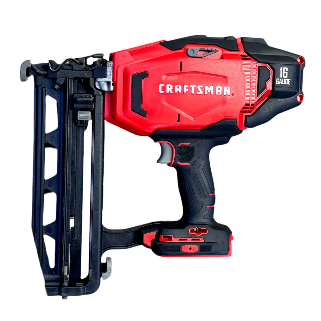 Red and black Craftsman nail gun on a white background