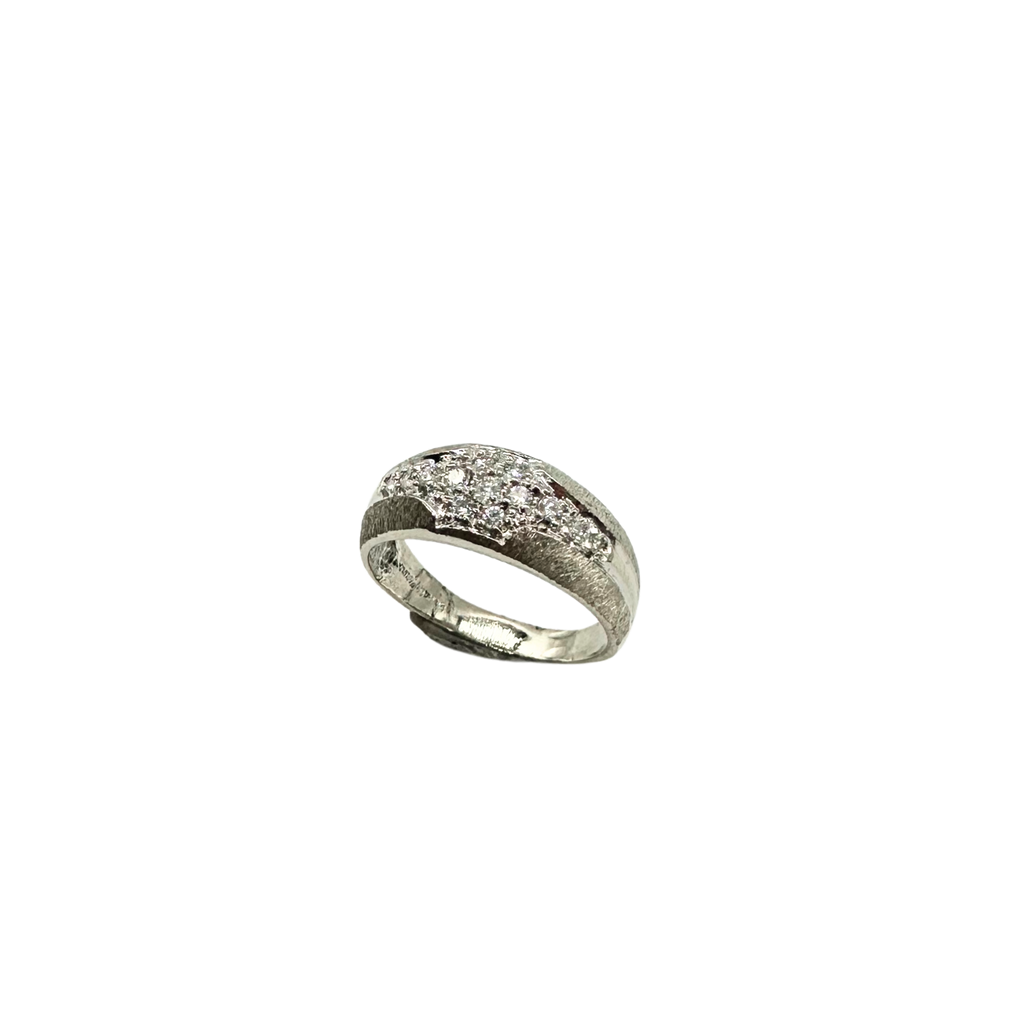Silver ring with embedded stones on a white background